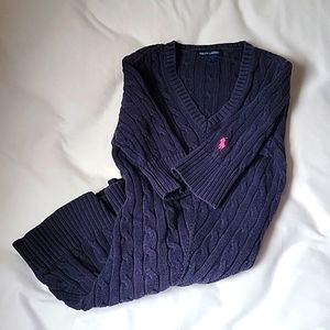 RALPH LAUREN Cable Knit Cozy Sweater Dress Short Sleeve Blue V Neck